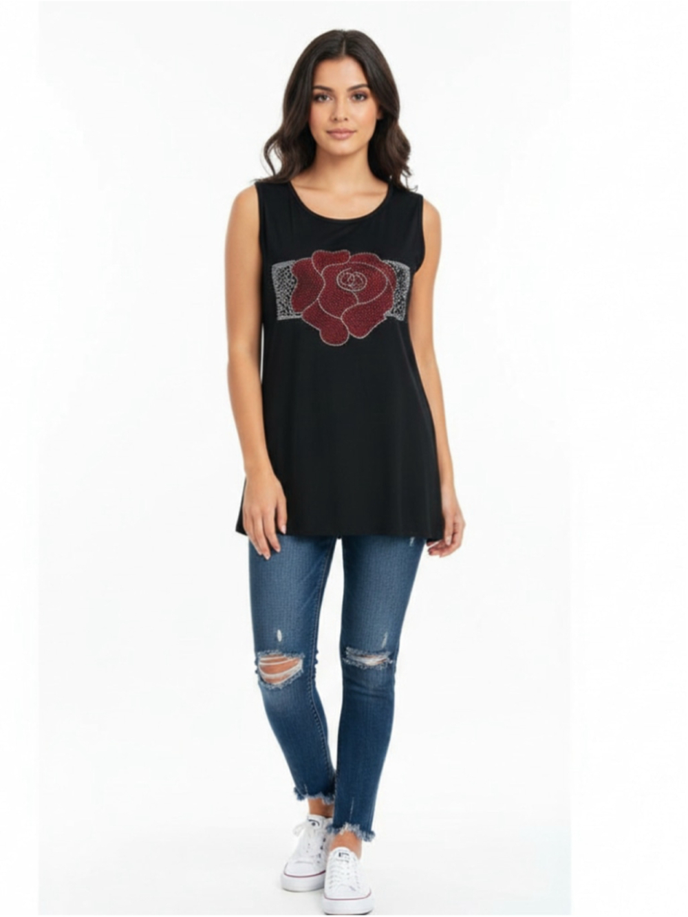 Shiny Black Sleeveless Top or Mini Dress with Red Rhinestone Rose, One Size NWT